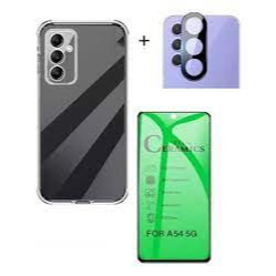 Kit Combo 3X1 Samsung Galaxy A54 5G - Pelicula Ceramica Frontal 9D + Película Protetora Camera Traseira 3D + Capa Silicone TPU Transparente Anti Impacto