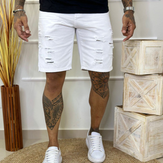 Bermuda Jeans Masculina Destroyed Branca Linha Premium Com Bolsos Alta Modelagem