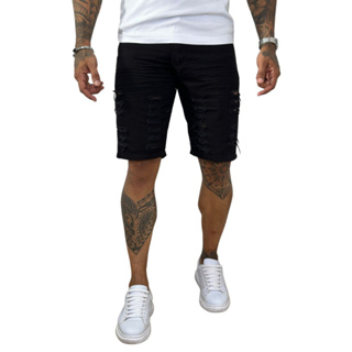 Bermuda Jeans Masculina Preta Destroyed Casual Style Linha Premium Alta Costura