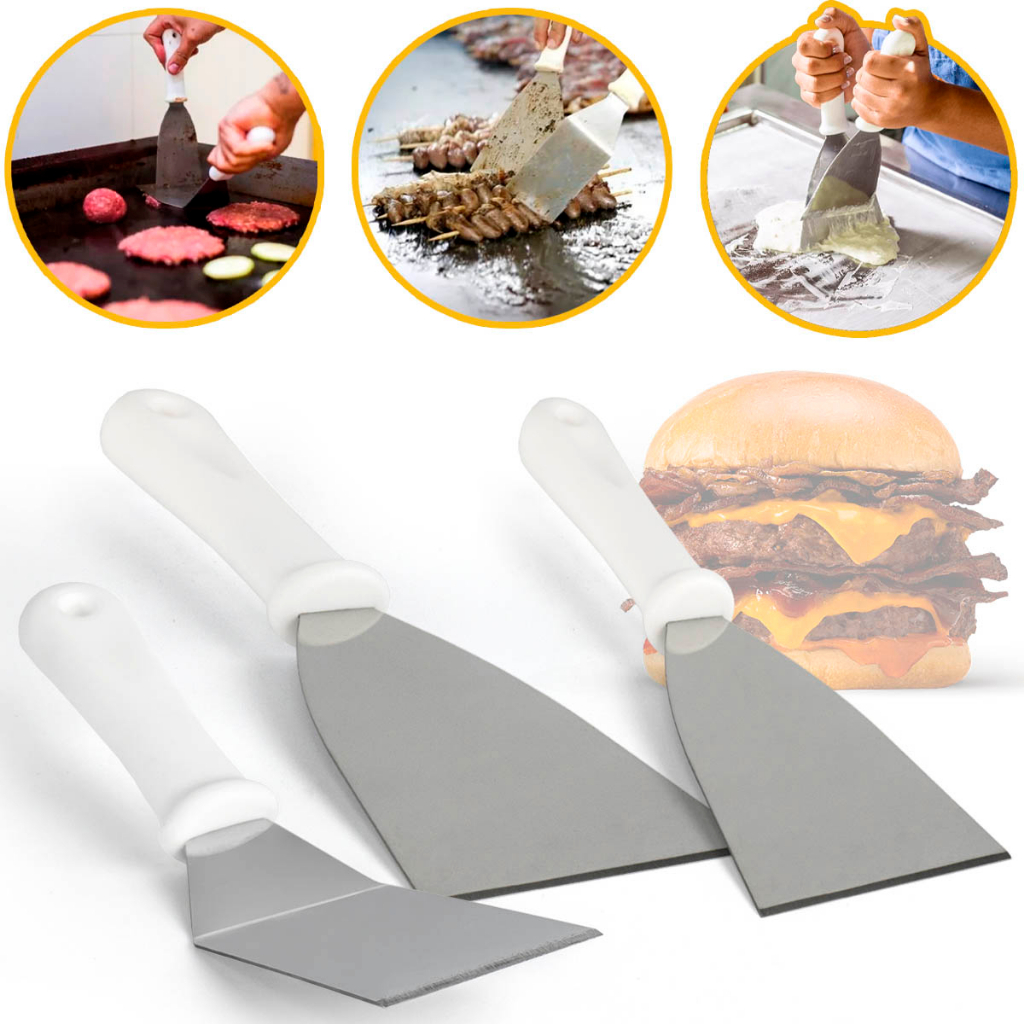 Espátulas Inox Cabo Branco Profissional Chapa Retas ou Curva Cozinheiro Lanches