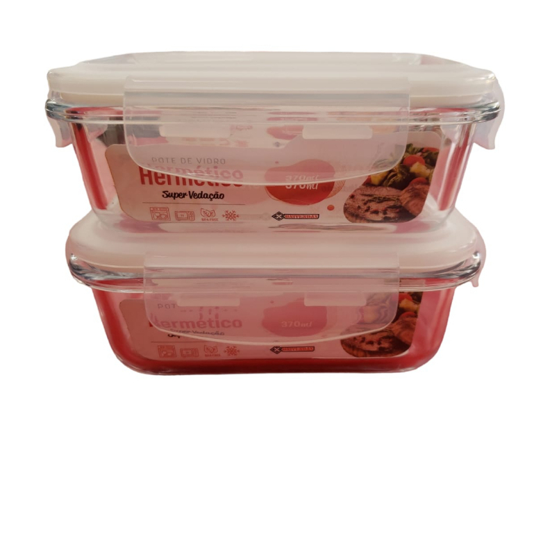 Conjunto 2 Potes de Vidro Retangular Hermético Marmita Fit Vedação 370ml