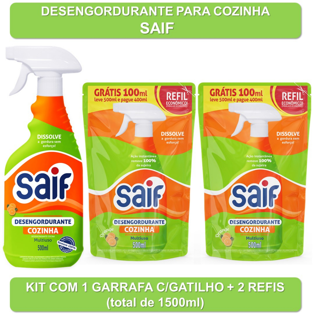 Kit Desengordurante para Cozinha Saif - 1 gatilho 500ml + 2 saches ...