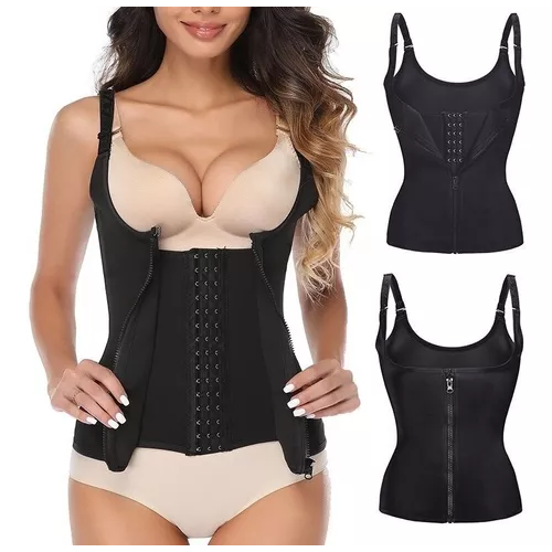 Cinta Dupla Compreensão Modeladora Feminina Redutor De Medidas Com Zíper Alças Ajustável Preta