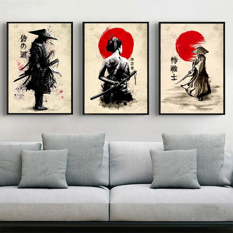 Quadros Decorativo 3 peças 60x40 Mosaico Mdf Alta Resolução Full HD Japonês samurai decoração para casa sala quarto sala hall interiores e corredores