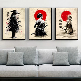 Quadros Decorativo 3 peças 60x40 Mosaico Mdf Alta Resolução Full HD Japonês samurai decoração para casa sala quarto sala hall interiores e corredores