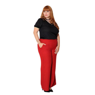 Calça Feminina Pantalona Forrada Tecido Linhão c/ Bolso Zíper Plus Size P M G GG