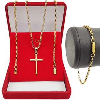 Corrente Masculina Cordão + Pingente Crucifixo + Pulseira Grossa de Luxo Tipo Tijolinho Banhado a Ouro 18k