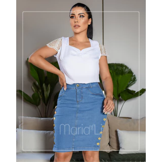 Saia Jeans com elastano Feminina comprimento Médio e Botões laterais