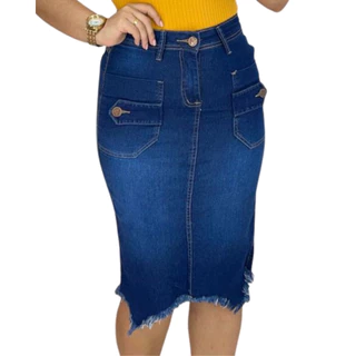 Saia Midi Jeans Lápis Cintura Alta