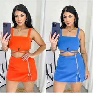 Conjunto Duna Premium Short Saia com Fenda Lateral e Cropped