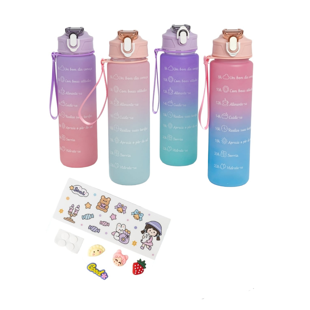 Garrafa Squeeze De Água 900ml Escola Hidrate-se Kawaii Fofa - Dupari