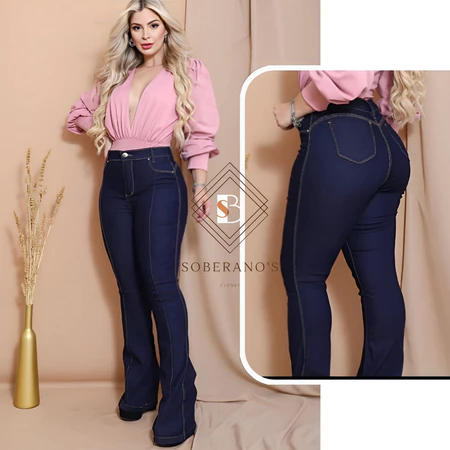 Calça jeans feminina flare modelagem levanta bumbum cintura alta