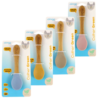 Colher de Silicone Cabo de Bambu Bebê Silicone 6 Meses Transição Alimentar Infantil
