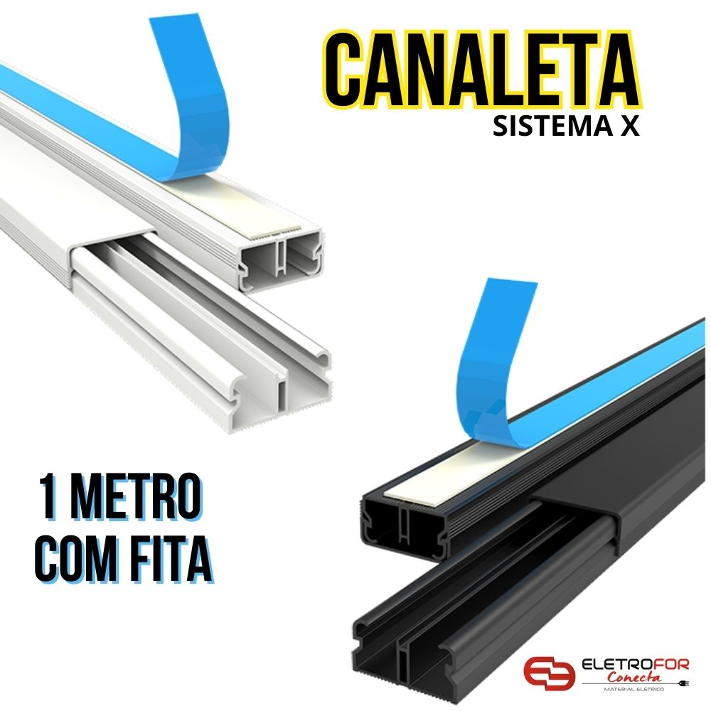 1 Metro Canaleta Sistema X Com Fita Dupla Face e Divisória Preta Branca 20x10 comercial organização proteção dos fios e cabo eletricos