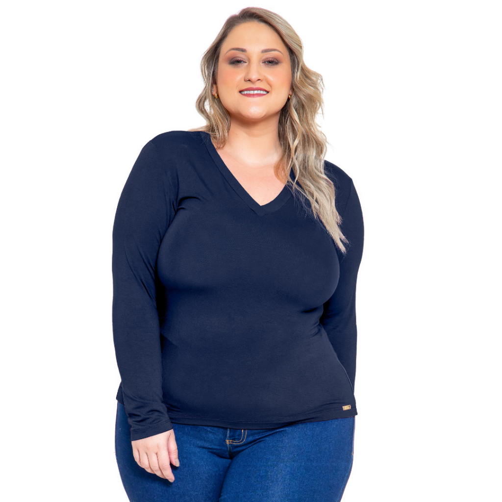 Blusa Plus Size Feminina Decote V. Manga Longa Preta