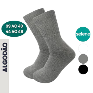 Meia Cano Alto Grossa ALGODÃO Punho Confortável SELENE Atoalhada Preto Branco Cinza Adulto 39 ao 48 Masculina Lisa Básica