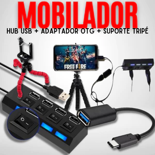 Mobilador Hub 4 Portas Usb Seletor On/Off + Adaptador Otg Usb-c/Micro Usb V8 + Suporte Mini Tripé Ajustável Para Celular em Oferta na Shopee