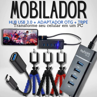 Kit Mobilador Original Hub 3.0 Usb 4 Portas + Adaptador Otg Celular + Suporte Tripe Flexivel Celular Tablet Gamer em Oferta na Shopee