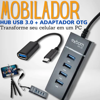 Kit Hub Usb 3.0 4 Entradas Ultra Veloz 5 Gbps Mobilador Original + Adaptador Otg Tipo-C/Micro Usb V8 Para Celular em Oferta na Shopee