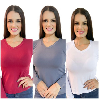 Kit 3 Blusas Gola V Feminina Manga longa Básica