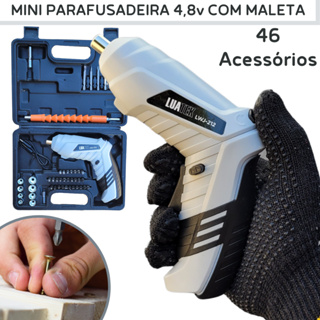 Parafusadeira Elétrica Sem Fio Recarregável 4,8v Com Maleta e 44 Acessorios Reversível LuaTek Mini Com Led.