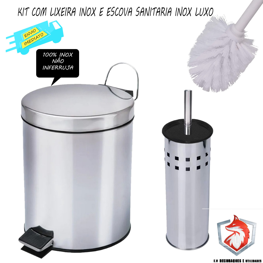 Kit Lixeira Inox 5 Litros Escova Sanitaria Inox Para Banheiro