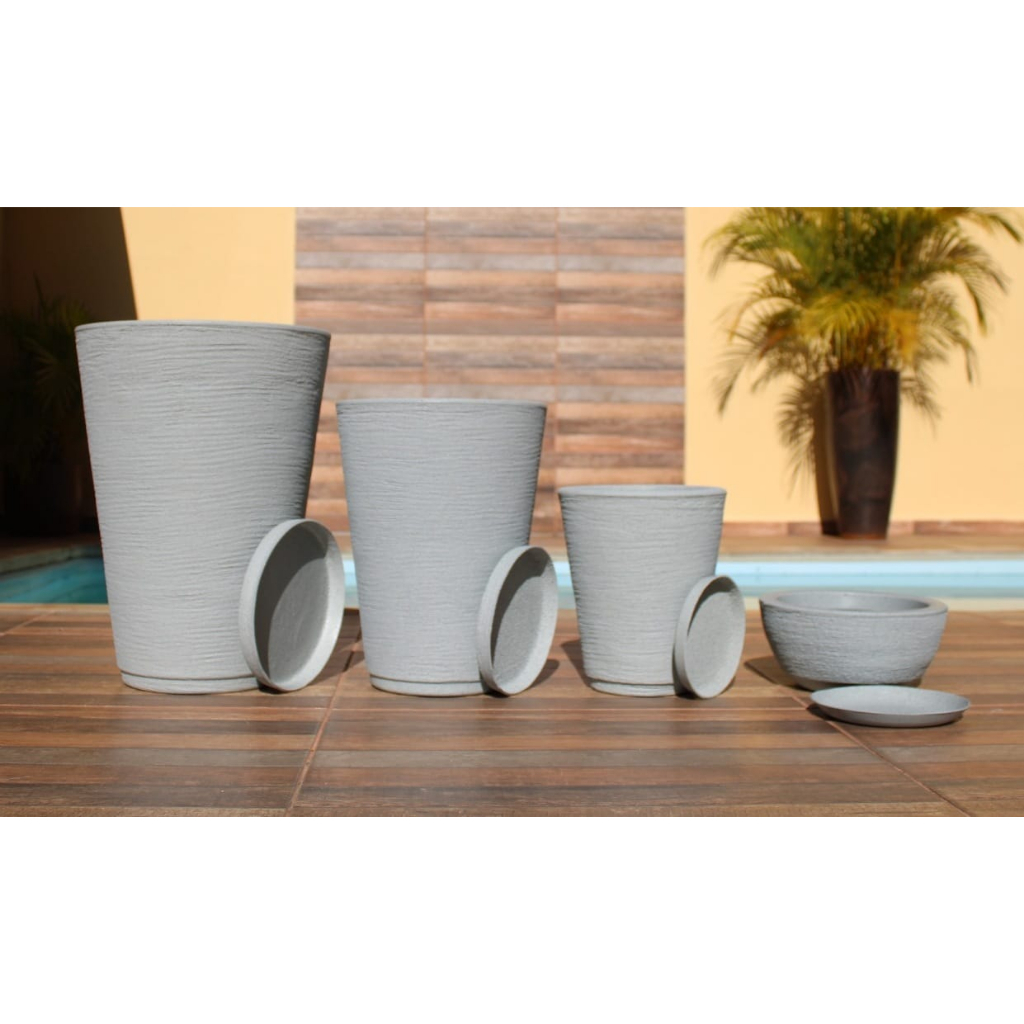 Kit 4 Vaso Decorativo em Polietileno Para Plantas Jardim Luxo Cone P M G e Bacia N1 com Prato