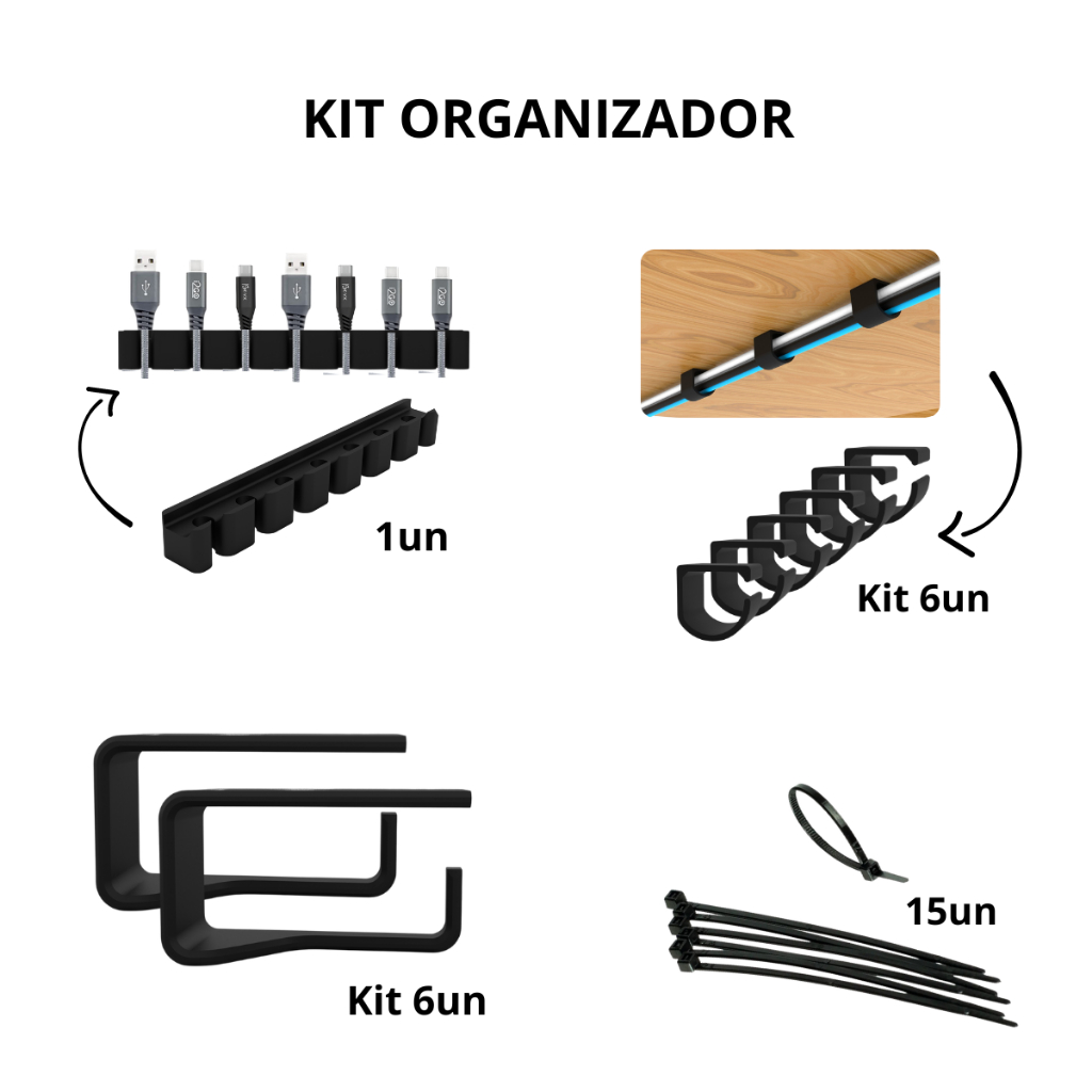 KIT ORGANIZADOR DE FIOS E CABOS PARA COMPUTADOR SETUP GAMER
