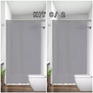 KIT 2 Cortina para Box de Banheiro Luxo Tecido Poliéster Lavável com Ganchos 1,38 m x 1,98 m Cinza
