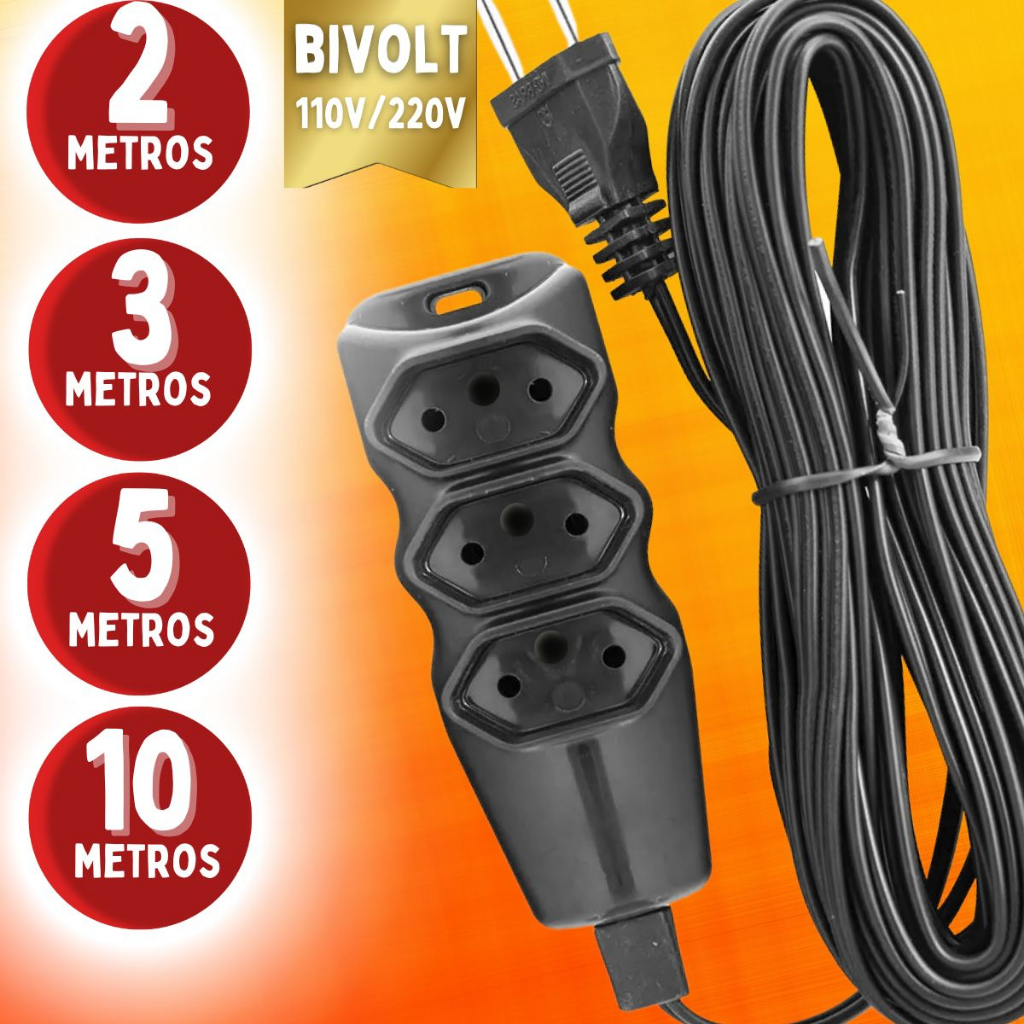 Extensão elétrica 10 Metros Extensão de Energia 3 Tomadas com 2, 3, 5 ...