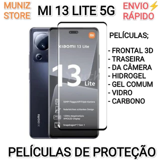 Protetores Mi 13 Lite 5G Xiaomi Penicula Vidro 3D Full Cover Cola Nas Bordas Curved, Película Traseira Transparente, Câmera Cerâmica, Skin