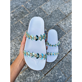 Papete feminina de pedraria Birken da moda pedras strass tiras flatform (KAROL)