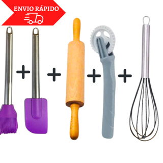Kit Utensílios De Cozinha 5 Peças Pincel Silicone Espatula Silicone Rolo De Madeira 43 Cm Fixo Fuê Fouet De Silicone Carretilha De Plástico Cortadora De Massas Pastel Keifa