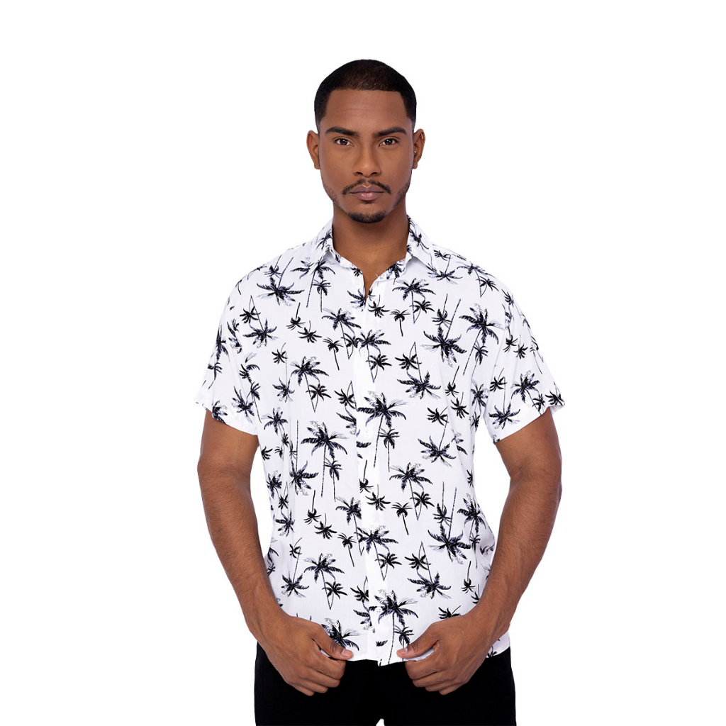 Camisa de Botão Manga Curta Floral Moda Praia Cores Claras Tamanho