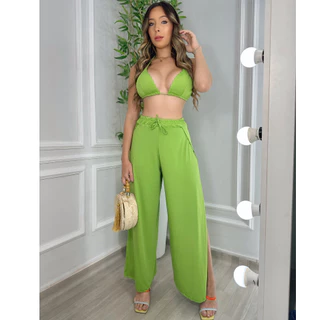 Kit Biquini Hot Pant Calça Pantalona Fenda Laterais Cos Alto