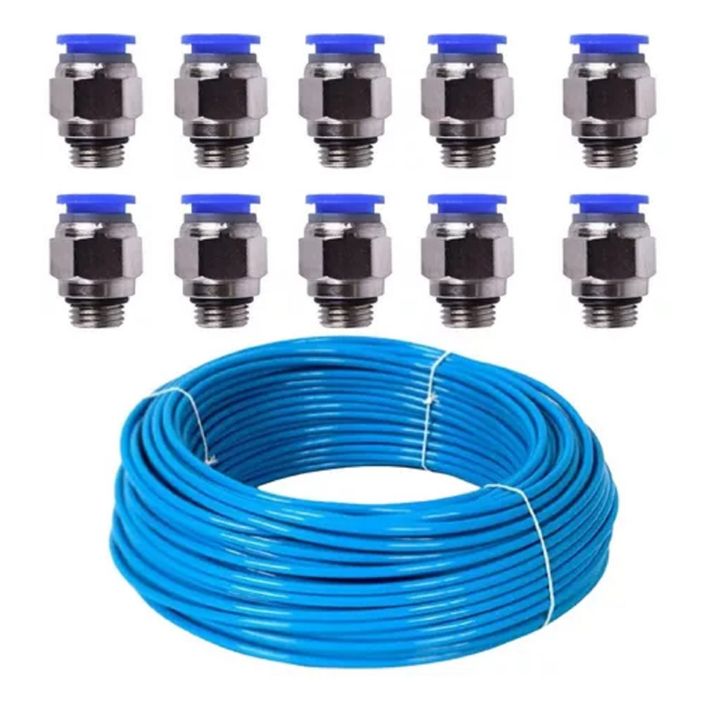 Kit 10 Conexão Pneumática Reta 1/4 x 8 + 10 Mangueira PU 8 X 5.5 10 BAR