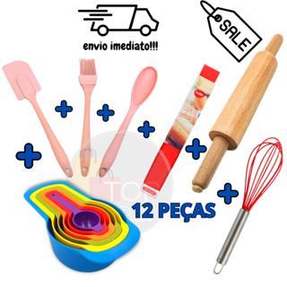 Kit Confeiteiro Premium: Colher Espátula, Pincel, Tapete Culinário, Rolo Para Massa + Jogo 6 Colheres Medidoras e Batedor Fuê - Perfeito para Delícias Culinárias!
