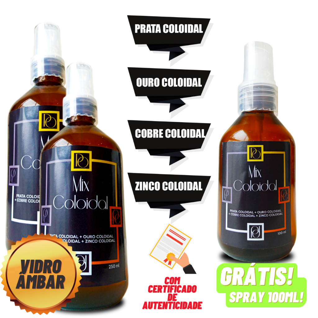 Kit Mix Prata Ouro Cobre Zinco Coloidal 2 Spray 250ml + Spray 100ml ...