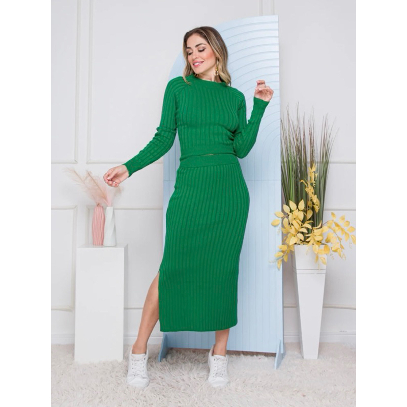 Conjunto Tricot Feminina Saia Midi Blusa Cropped Manga Longa - Main Image