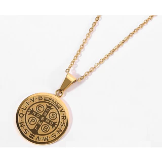 Colar Aço inoxidável com Pingente Medalha de São Bento Banhado a Ouro 18K Aço Cirúrgico