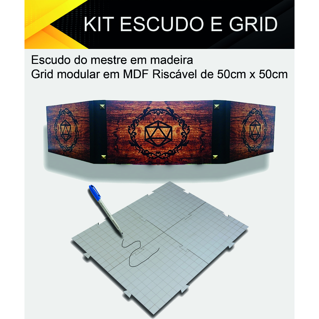 Kit RPG : Escudo do mestre em madeira + Grid modular Riscável em madeira de 50cm x 50cm.