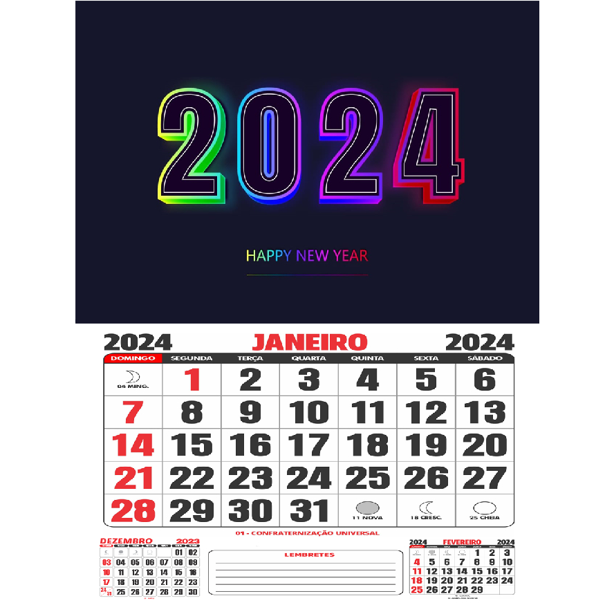 Calendário de parede 2024/Folhinha. Números grandes, feriados e fases