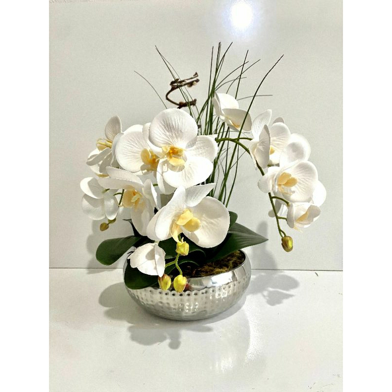 Arranjo Completo para Mesas Orquídea de Silicone - Vaso Aquário Redondo Metalizado Rosé Gold/Dourado Inox Prata/ Vaso de Vidro Decorativo