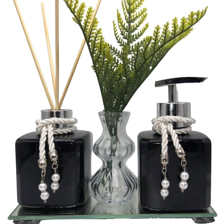 Kit Lavabo Frascos Turmalina Preta - PET (Plástico) P/Difusor ou Sabonete ou Álcool