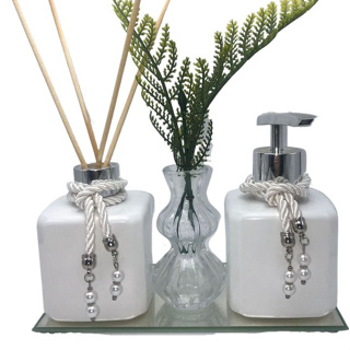 Kit Lavabo Frascos Turmalina Branco- PET (Plástico) P/Difusor ou Sabonete ou Álcool