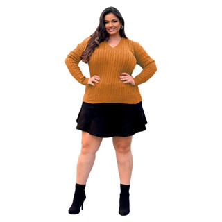 Blusa de Tricot Plus Size Sueter Frio Gola V Tranca Inverno