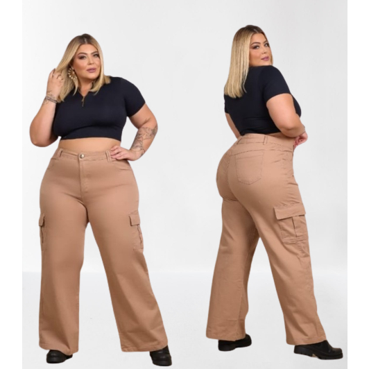 Calça Jeans Sarja Wide Leg Cargo Feminina Plus Size Com Elastano Cintura alta