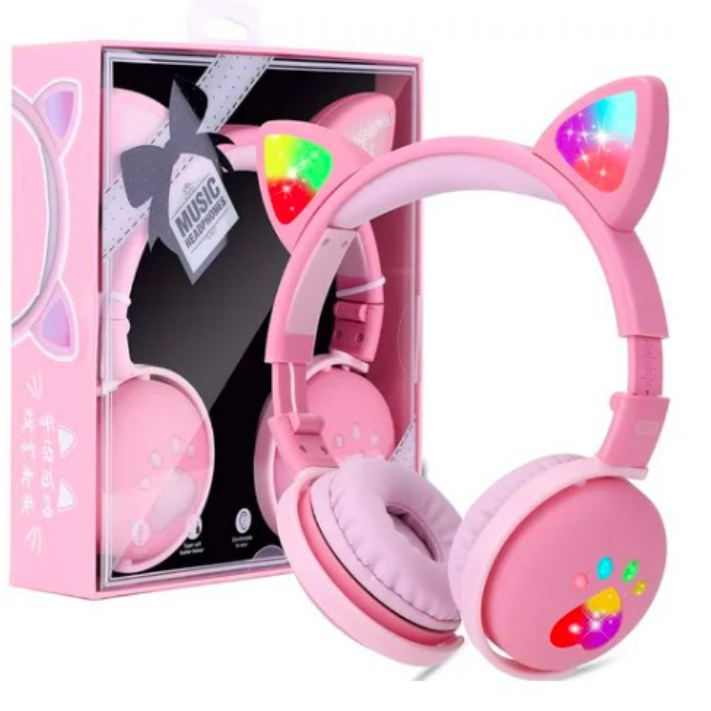 Fone De Ouvido Bluetooth Led 5.0 Orelha De Gato Infantil Headphone Alta Potencia Gatinho Colorido Com Cabo P2 BK1 M1