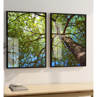 Kit 2 Quadros Árvore Paisagem Moldura e Vidro Sala Quarto Decoração