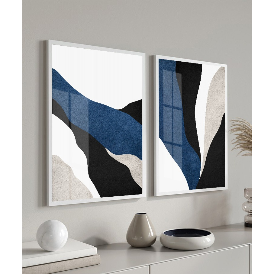 Kit 2 Quadros Abstrato Tons Azul Cinza Neutro Moldura e Vidro Sala